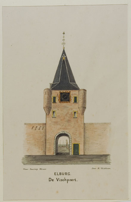 Vischpoort van Elburg in 1839 door Reinder Veldhoen, Gelders Archief 1551-505