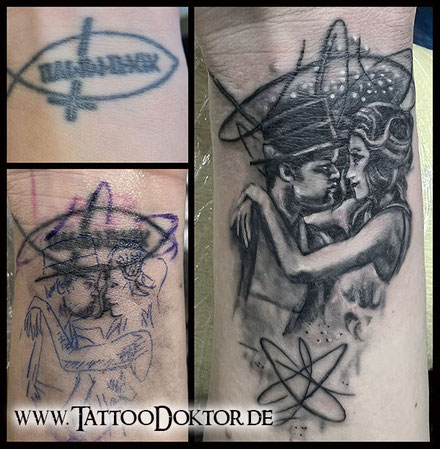 Cover Up Tattoo  Bonnie und Clyde , Cover Up Tattoo Rostock, Tattoo Rostock, bestes Tattoostudio Rostock, TattooRitual, TattooDoktor