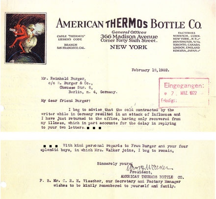 Brief von William Walker an Reinhold Burger, Thermoflasche, American Thermos Bottle Co.