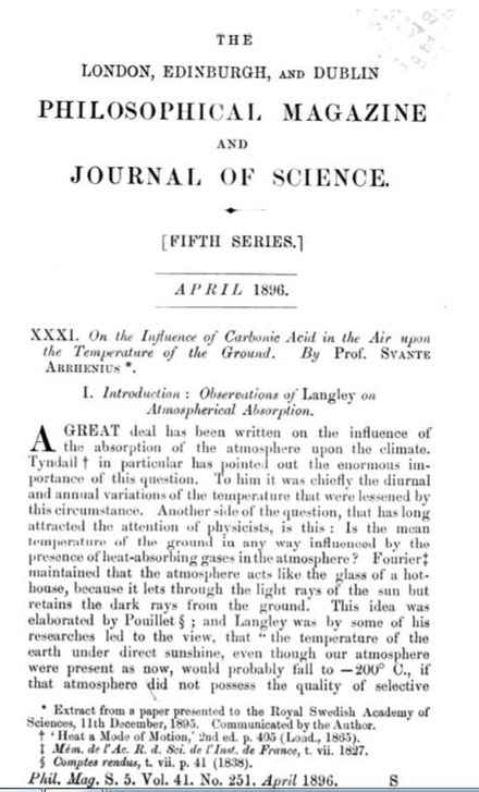 Svante Arrhenius, Klimawandel, Publikation aus dem Jahr 1896