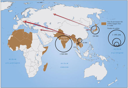 Nombre de soldats asiatiques engagés dans la Première Guerre mondiale, provenant des différentes colonies d'Asie et du Japon. (Sébastien LAMBALOT, 2018. Source : IRASEC)