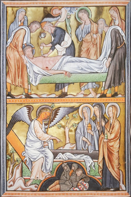 "La mise au tombeau et les saintes femmes au tombeau", extrait du Psautier d'Ingeburg de Danemark (XIIIe s.), Musée Condé, Chantilly, France.