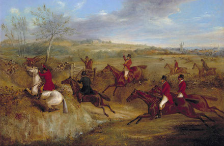 'The Belvoir Hunt: Jumping into and out of a Lane'  by Henry Thomas Alken c1830