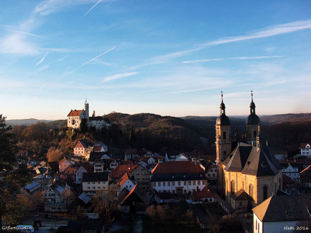 Gößweinstein, Kreuzberg, Basilika, Burg, Stadt, Ort, Markt, Dorf, Ortskern, Aussicht, Ausflug, Himmel, Sonnenschein