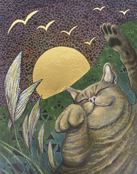 「良い酔い猫〜秋は夕暮れ」 スクラッチ、箔 240×190mm  ￥165,000(税込)