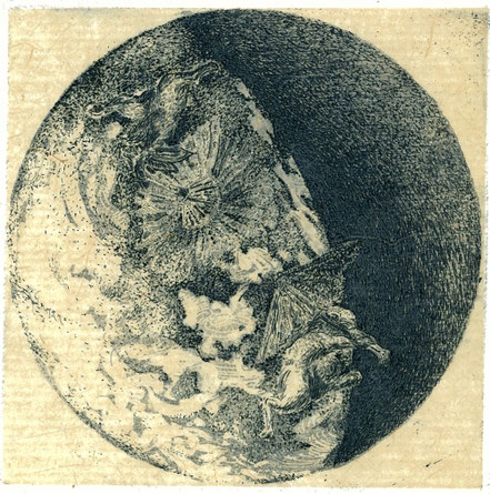 「月面夜行」 （Moon Night Lines） 楮紙に銅版画 ／雁皮刷り（手漉き紙）100×100mm /ed.60/¥27,500 （税込み）