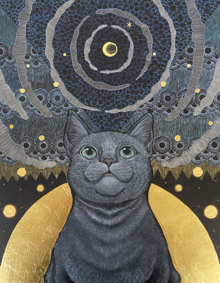 「良い酔い猫〜冬はつとめて」 スクラッチ、箔 /240×190mm /￥165,000(税込)