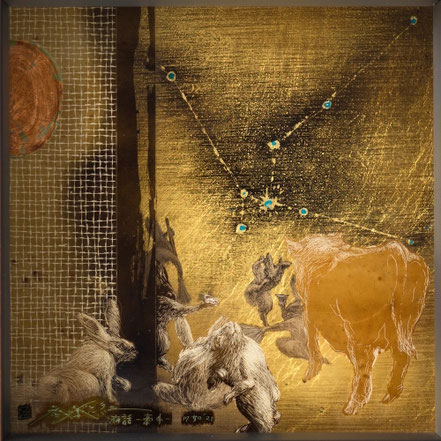 「夜話ー牽牛ー」 （Night StoriesーThe star Altairー） 多層ガラス絵（3層）/100×100mm /¥110,000 （税込み）
