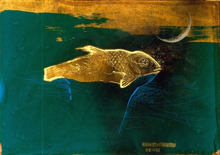 「よるみずー風釣りー」 （Night Fishing） 技法:リバースドローイング 100×140mm/¥49,500（税込み）