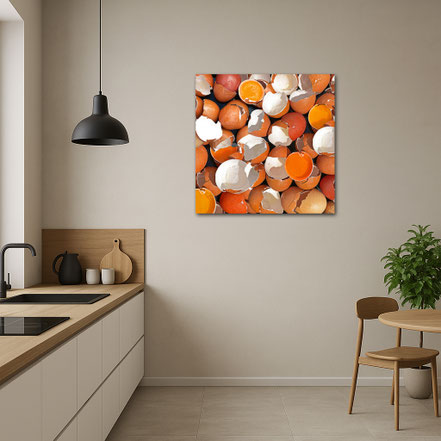 Alu-Dibond Kunstwerk Broken Eggs in einer minimalistischen Designer-Küche, moderne Wandgestaltung 100x100 cm.