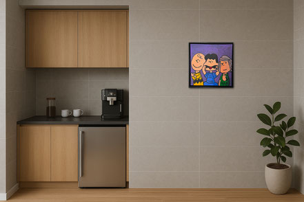 Moderne Kaffeeküche im Büro mit dem 50x50 cm Pop-Art Werk DU KANNST MICH MAL von Divo Santino. Ein frecher Kunst-Akzent, der für eine lockere Atmosphäre in der Teeküche sorgt.
