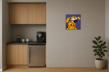 Kreative Kaffeeküche mit dem kleinen Pop-Art Bild MIESEPETER. Das ideale Werk für den ersten Kaffee am Morgen, bevor die gute Laune einsetzt.