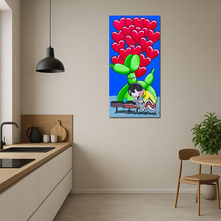 Design-Küche mit dem großformatigen Panorama-Kunstwerk LOVE OF MY LIFE als zentralem Farbakzent