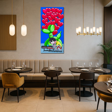 Künstlerische Wandgestaltung in einem modernen Bistro mit dem 140x70 cm Unikat von Divo Santino