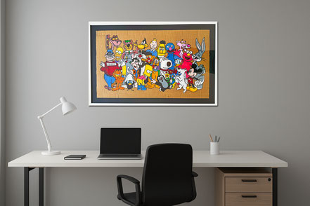 Repräsentatives Büro mit dem Werk FRIENDS von Divo Santino. Hochwertige Wandkunst im Holzrahmen für eine kreative Arbeitsumgebung.