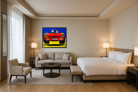 Exklusives Hotelzimmer mit Sofa und Bett, über dem das Porsche-Pop-Art-Werk HUHN AM STEUER von Divo Santino zentral an der Wand hängt.