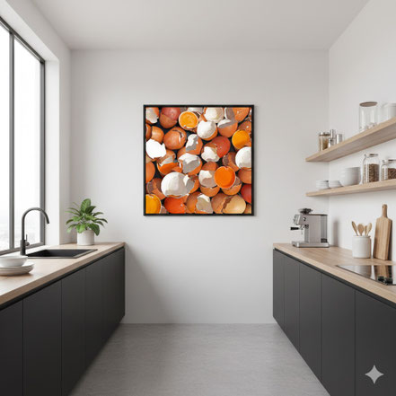 Alu-Dibond Kunstwerk Broken Eggs in einer minimalistischen Designer-Küche, moderne Wandgestaltung 100x100 cm.
