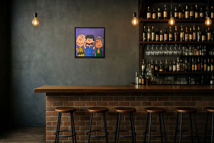 Stilvolle Bar-Ecke mit dem kleinen Pop-Art Unikat DU KANNST MICH MAL. Das quadratische Gemälde von Divo Santino setzt ein humorvolles Statement in der Lounge.