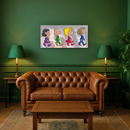 Stilvolles Herrenzimmer mit dem Panorama-Werk PEANUTS ON ABBEY ROAD. Die Mixed-Media-Struktur von Divo Santino passt perfekt zu exklusivem Interior.