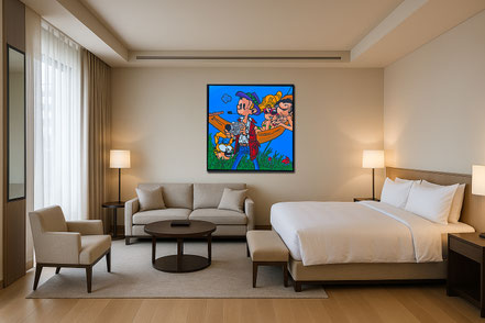 Exklusives Hotelzimmer mit dem Pop-Art Bild DER FOTOGRAF an der Wand. Die Kunst von Divo Santino verleiht dem Raum einen urbanen und modernen Charakter für Gäste.