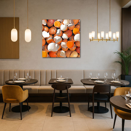 Divo Santino Kunstwerk Broken Eggs in einem modernen Bistro, exklusive Wanddekoration für Restaurants und Cafés.