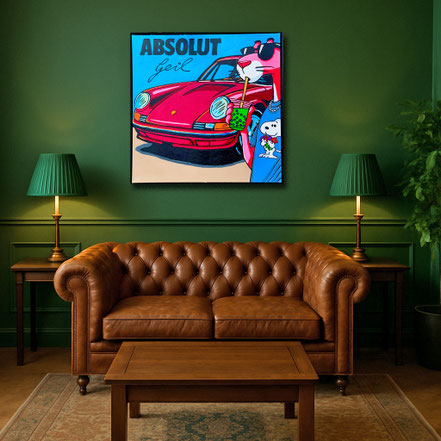Stilvolles Herrenzimmer mit klassischen Möbeln und dem Pop-Art Unikat ABSOLUT GEIL. Das Porsche-Gemälde von Divo Santino bildet einen mutigen, modernen Kontrast zur traditionellen Einrichtung.