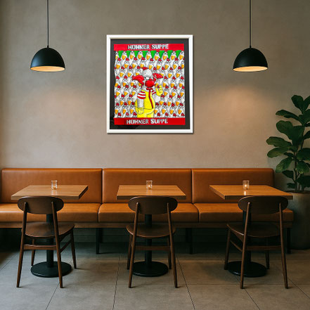 Modernes Bistro-Design mit dem Pop-Art Wandbild HÜHNER-SUPPE an einer minimalistischen Wand.