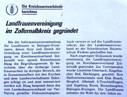 Bericht über die Gründung der LandFrauen Zollernalb im "Schwäbischen Bauer" am 21. November 1981