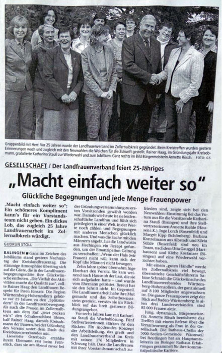 Gudrun Stoll schrieb am 19. Oktober 2006 im Zollernalbkurier über das 25-jährige Jubiläum des Kreisverbandes