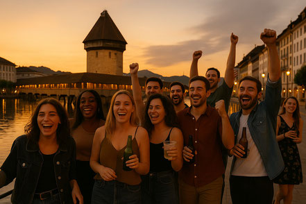 Mehrere  Personen welche einen Polterabend in der Stadt Luzern feiern. Es herrscht eine super Stimmung kurz vor Sonnenuntergang. Im Hintergrund ist die Kappelbrücke das Wahrzeichen von Luzern zu sehen. 