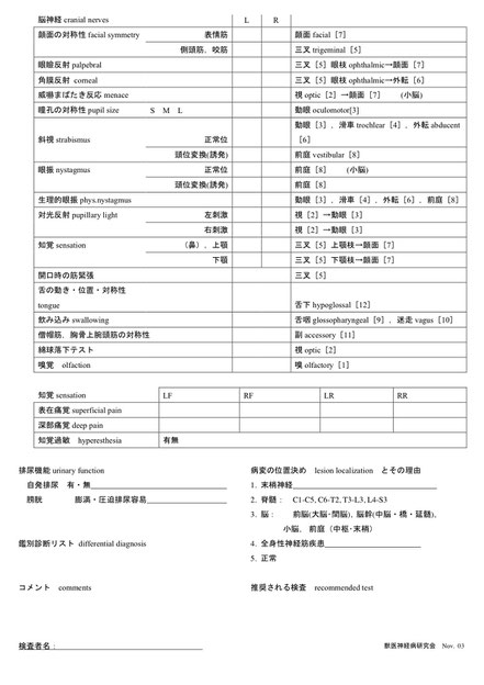 獣医神経病学会の検査シート２