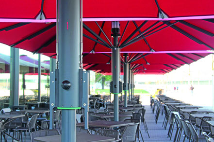 Beschattung durch Großschirme auf einer Gastro Terrasse. Relux Deggendorf