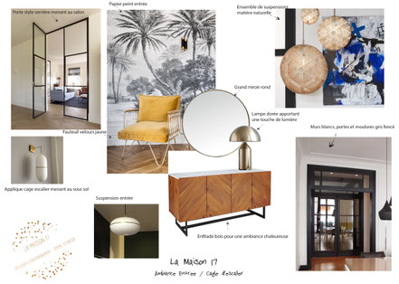 architecture interieure planche ambiance entrée décoration mobilier luminaire papier peint fauteuil honoré au fil des couleurs la maison 17 quimper