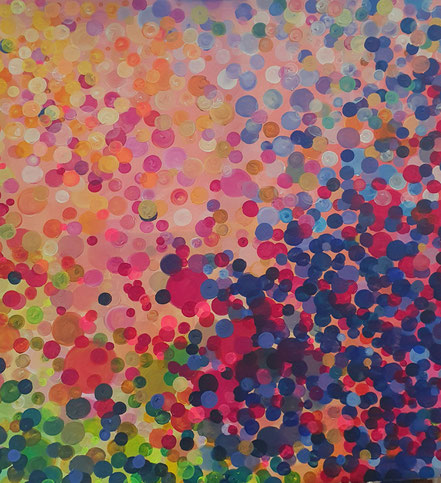 "Circles falling from the sky"      100 x 100 cm       Acryl, Gold       2023