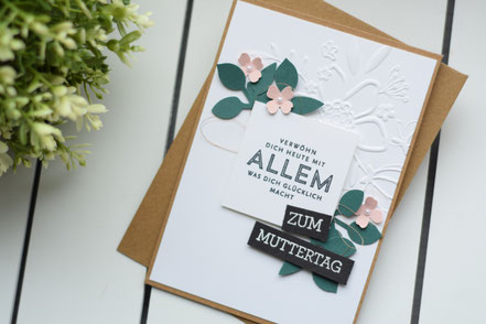 Stampin Up Grußkarte zum Muttertag Blätterzweistanze Meeresgrün Kirschblüte Embossing Prägen Prägefolder Wunderblume Itty Bitty Stanze Metallicflair Rosegold Gruß und Glück
