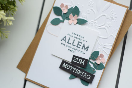 Stampin Up Grußkarte zum Muttertag Blätterzweistanze Meeresgrün Kirschblüte Embossing Prägen Prägefolder Wunderblume Itty Bitty Stanze Metallicflair Rosegold Gruß und Glück