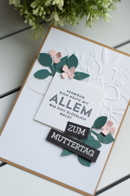 Stampin Up Grußkarte zum Muttertag Blätterzweistanze Meeresgrün Kirschblüte Embossing Prägen Prägefolder Wunderblume Itty Bitty Stanze Metallicflair Rosegold Gruß und Glück