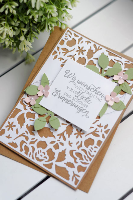 Stampin Up Papierwunder Florale Fantasie Hochzeit Hochzeitskarte Filigran Framelits Kraftpapier Kirschblüte Farngrün Stickmuster Blumen Blüten des Augenblicks