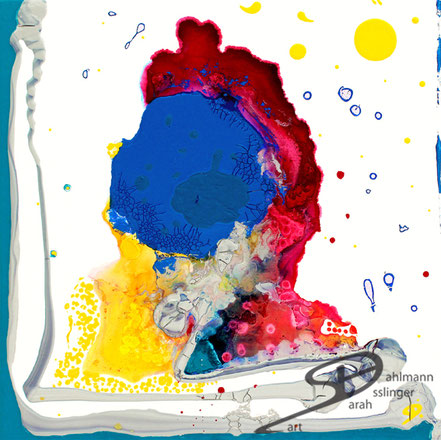 Sarah Esslinger-Dahlmann, Anonym (Da. Bo.), Mai 2013, 50 x 50 cm, Mischtechnik auf Leinwand, abstraktes, kraftvolles, farbintensives Werk, blauer Kreis in der Mitte, davon ausgehend rot und gelb, flächig und in Punkten, hell-graue Linie zum Rand hin