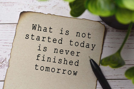 Bild mit Text: What ist not started today is never finished tomorrow und Pflanze