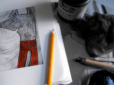 A Lucy Gell drypoint etching shown at a printmaking workshop
