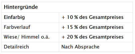 Die Kosten für einen Hintergrund betragen bei einem einfarbigen Hintergrund zusätzlich 10 % des Gesamtpreises, bei einem Farbverlauf plus 15 %, für Wiese/Himmel/o.ä. plus 20 Prozent. Preis für detailreichere Hintergründe nach Absprache.