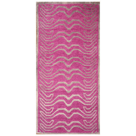 Tibetan Tiger Rug in Pink Wool and Silver Silk
