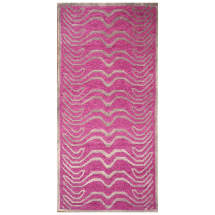Tibetan Tiger Rug in Pink Wool and Silver Silk