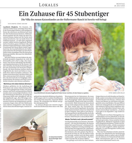 Weser Kurier berichtet über das Gut Aiderbichl Katzenland bei der Ballermann Ranch von Annette u. André Engelhardt in Niedersachsen