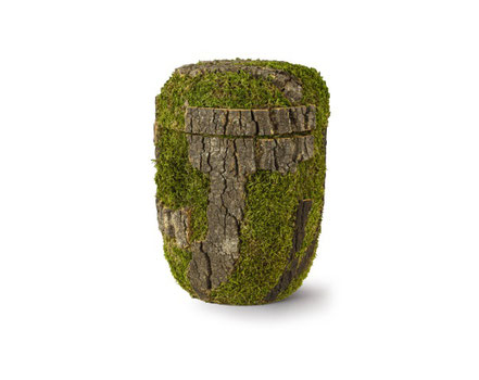 Holzurne in Baum-Optik mit Moos