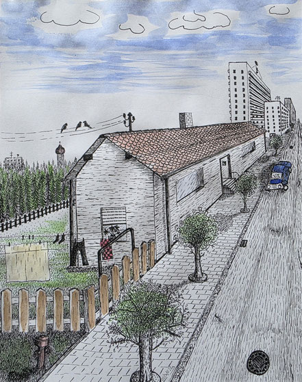 Landschaft, Straße, Haus, Tuschezeichnung, Christian Niklis