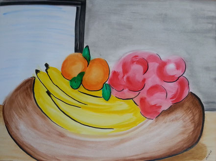 Stillleben, Früchte, Obst, Obstkorb, Bananen, Orangen, Äpfel, Acrylfarbe, Christian Niklis