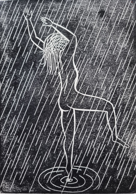 Tanzende Frau, Regen, Akt, Linolschnitt, Linoldruck, Christian Niklis