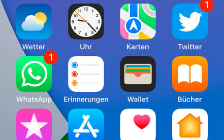 Display eines Smartphones mit Icons verschiedener Apps und sozialer Netzwerke